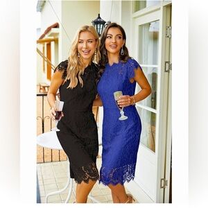 Sleeveless lace floral blue dress, elegant and sophisticated knee length